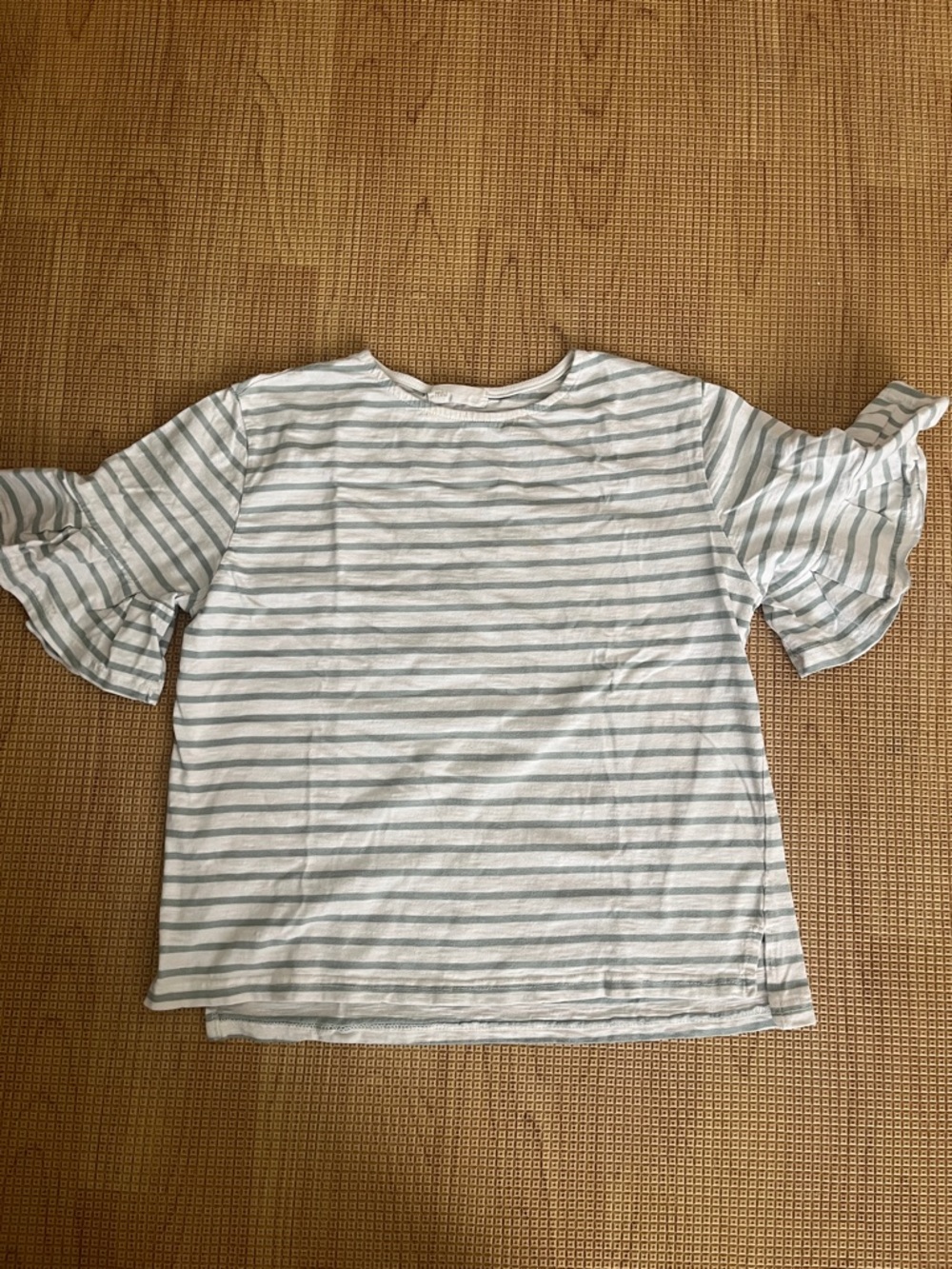 Striped Ruffle Sleeve Short Sleeve Tee in Light Blue & White